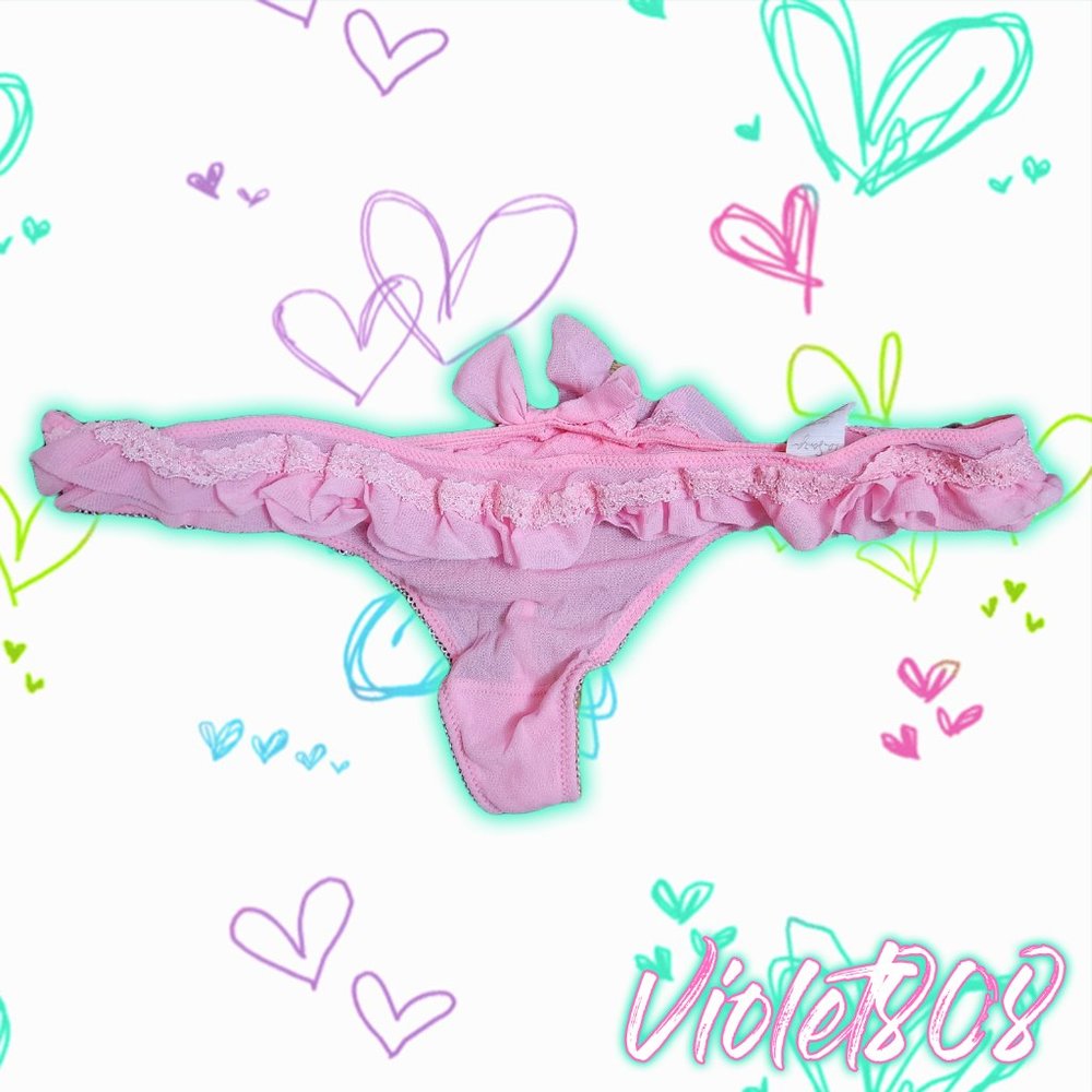 [L] La Senza Vintage Pink Floral Lace Frill Mesh Bow Low Rise String Thong Panty